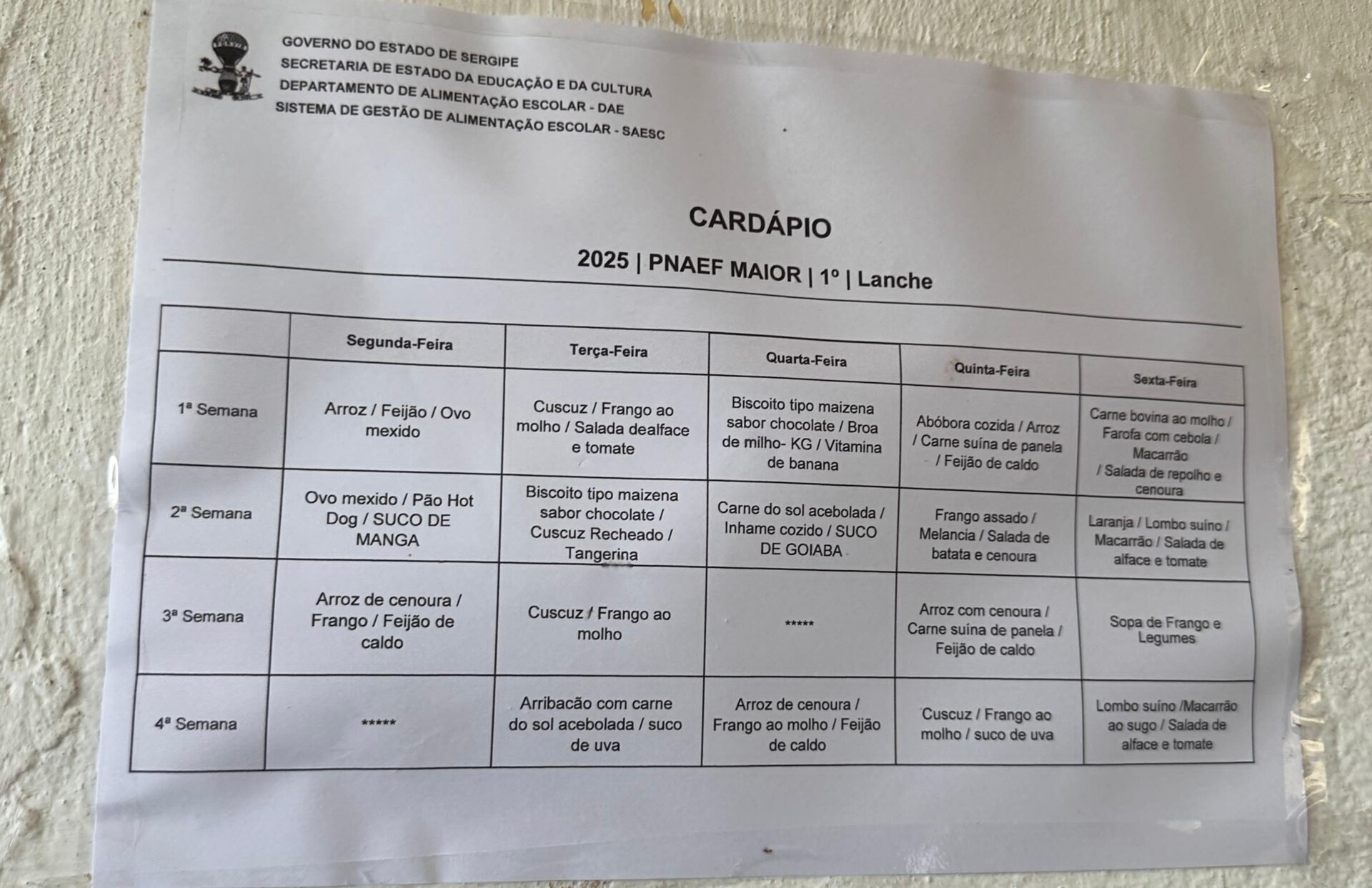 Cardápio escolar